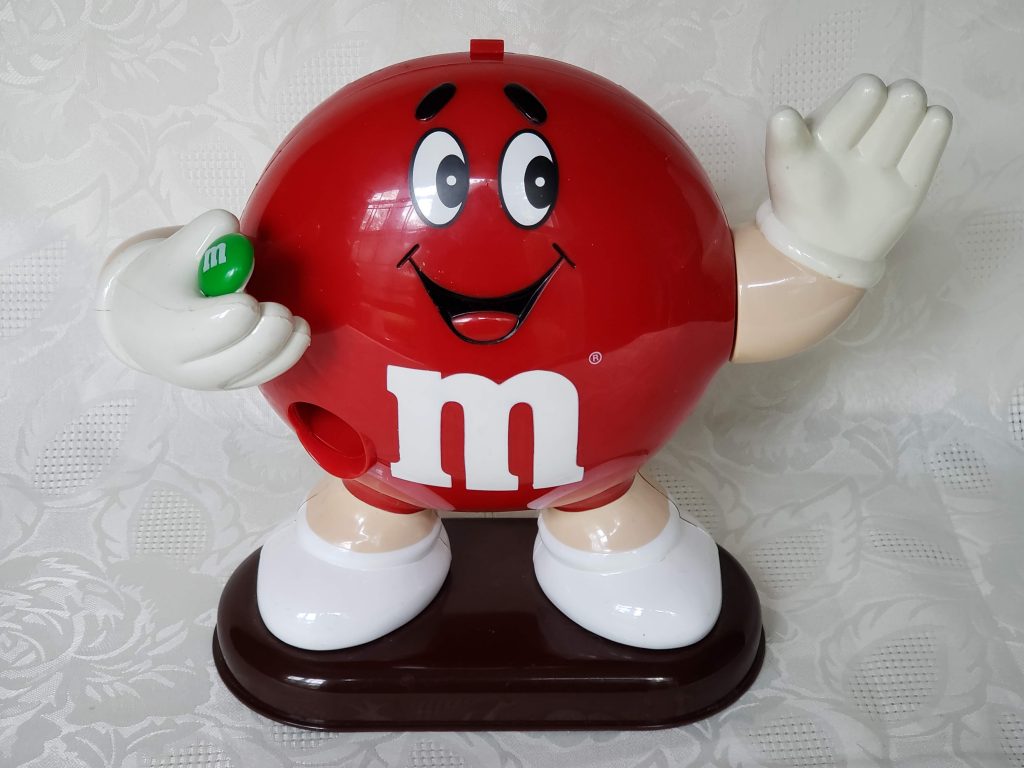 Red M&M Candy Dispenser with Waving Hand SOLD Aunt Gladys' Attic