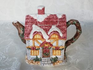 Holiday Snow Covered Cottage Ceramic Teapot Music Box