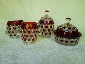 Vintage Czech Bohemian Style Cut to Clear Cranberry Glass Set