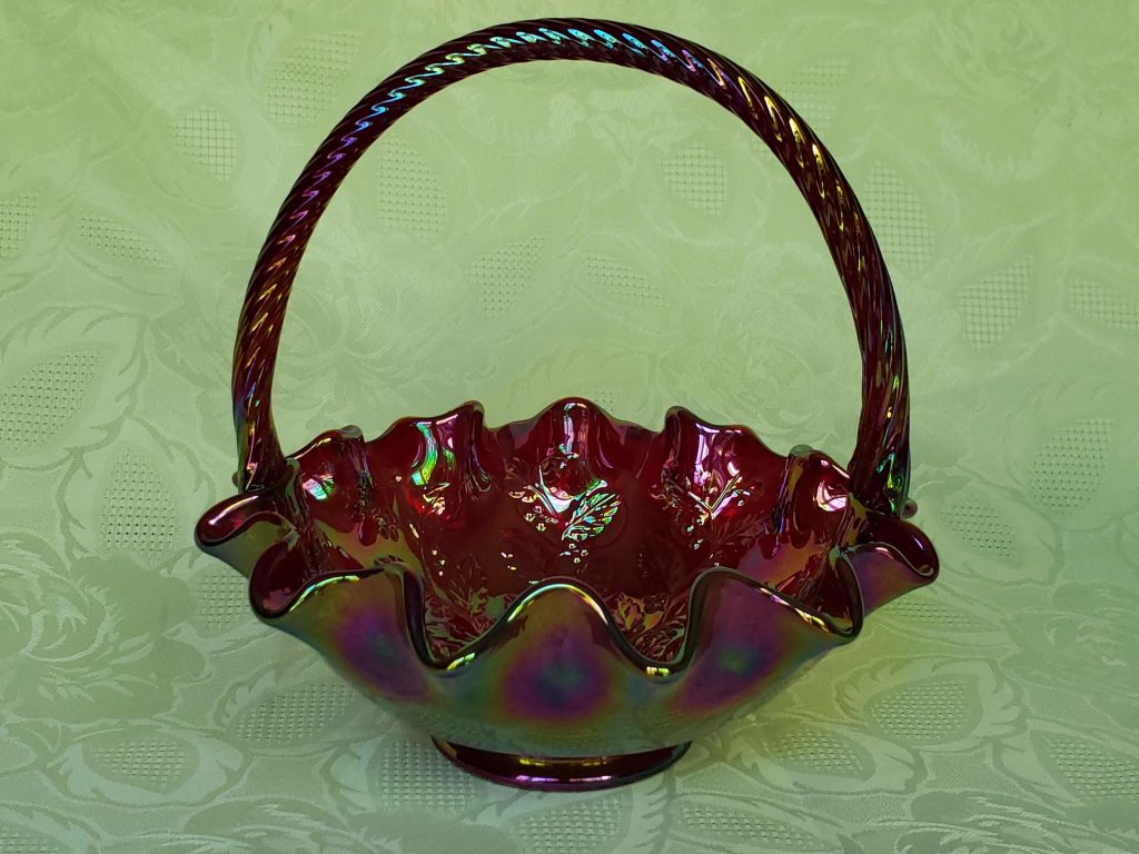 Vintage Fenton Red Iridescent Carnival Glass Basket Leaves & Berries ...