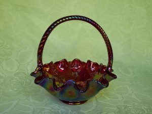 Vintage Fenton Red Iridescent Carnival Glass Basket Leaves & Berries