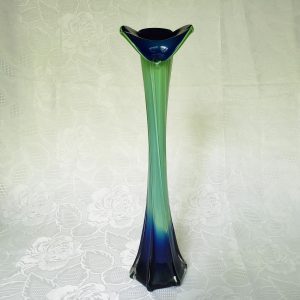 Vintage Blue Green Hand Blown Tall Glass Vase