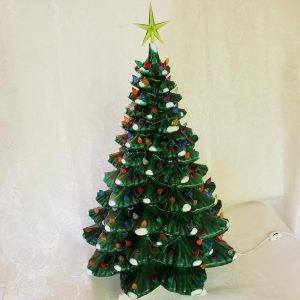 Vintage Large Ceramic Green Flocked Light-up Christmas Tree