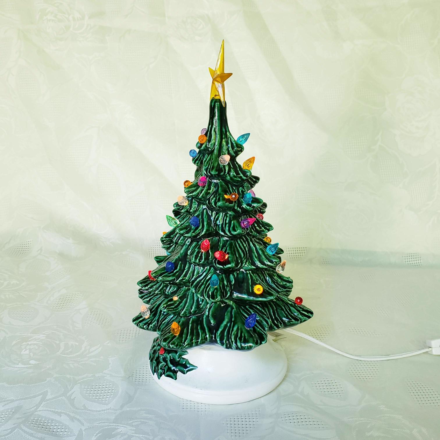 Green Glaze Green Holly Base Ceramic Christmas Tree Lighted 10" U Decorate