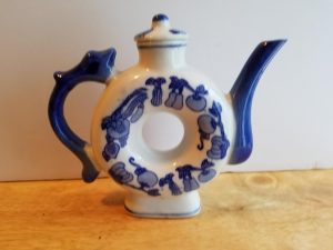 Donut Shaped Blue and White Teapot