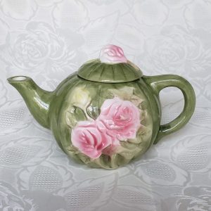 Small Green Teapot with Pink Roses