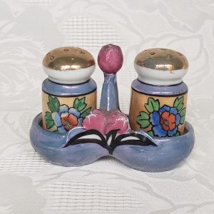 Vintage Lusterware Salt and Pepper Shakers with Caddy
