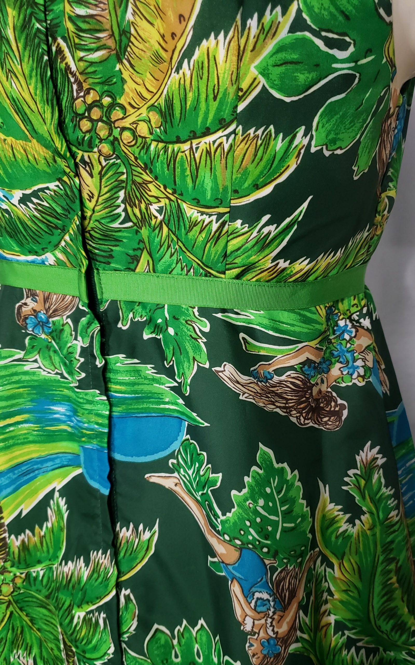 Vintage Baba Kea Hawaiian Green and Blue Print Dress - Aunt Gladys' Attic